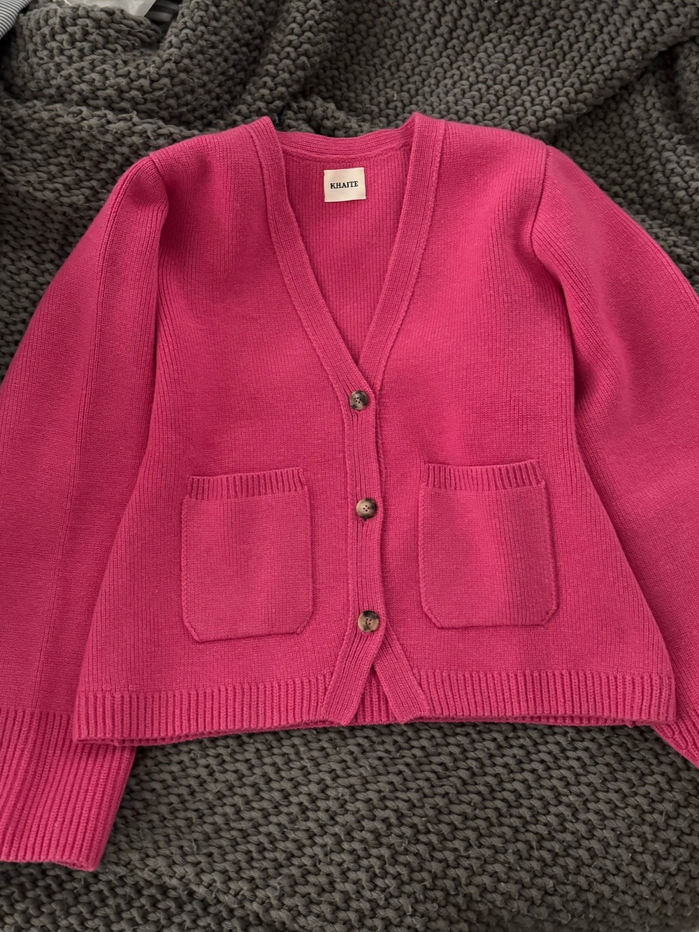 KHAITE Scarlet Bright Pink V-Neck Button Front Cardigan